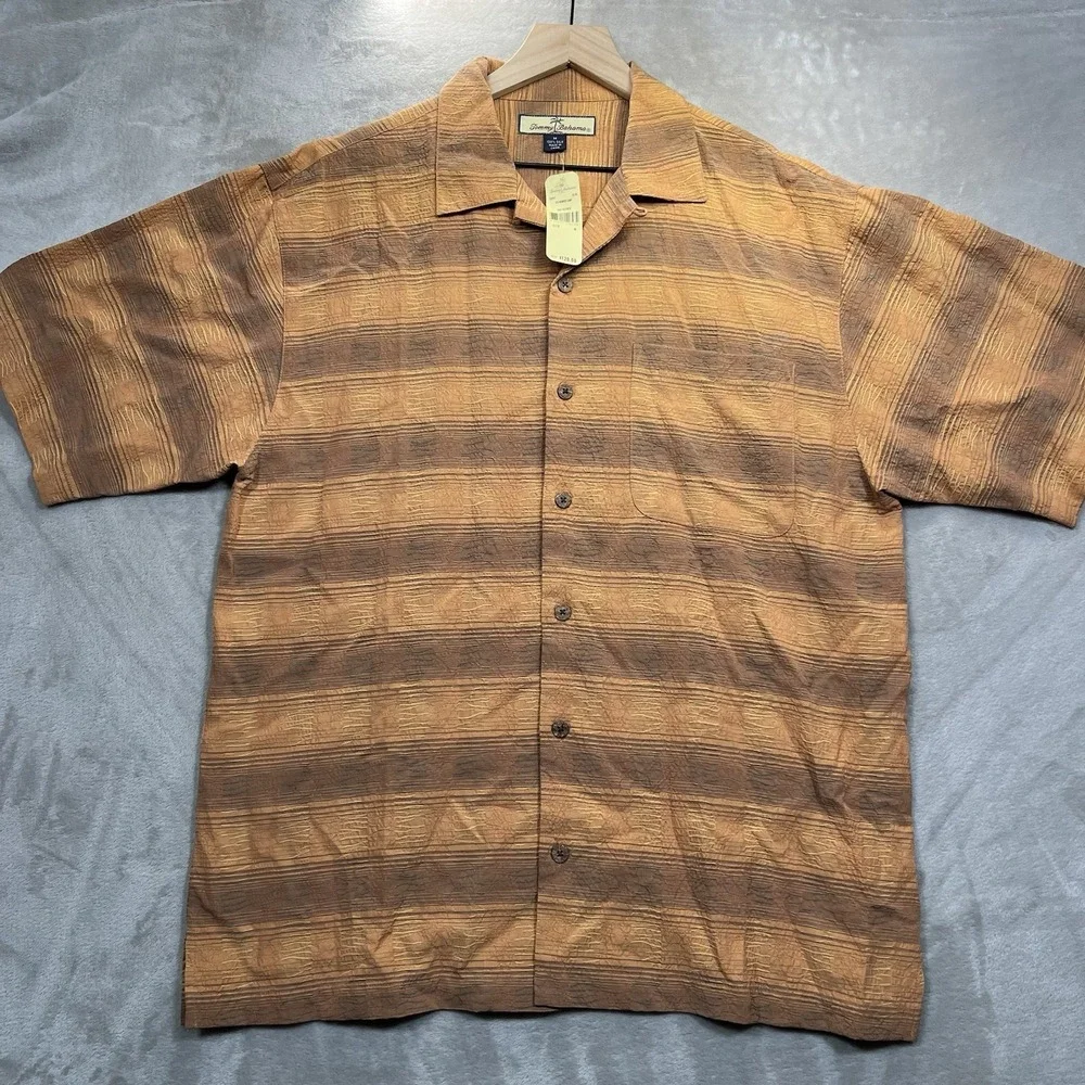 Tommy Bahama Shirt Men's M Silk Orange Brown Striped Short Sleeve NEW